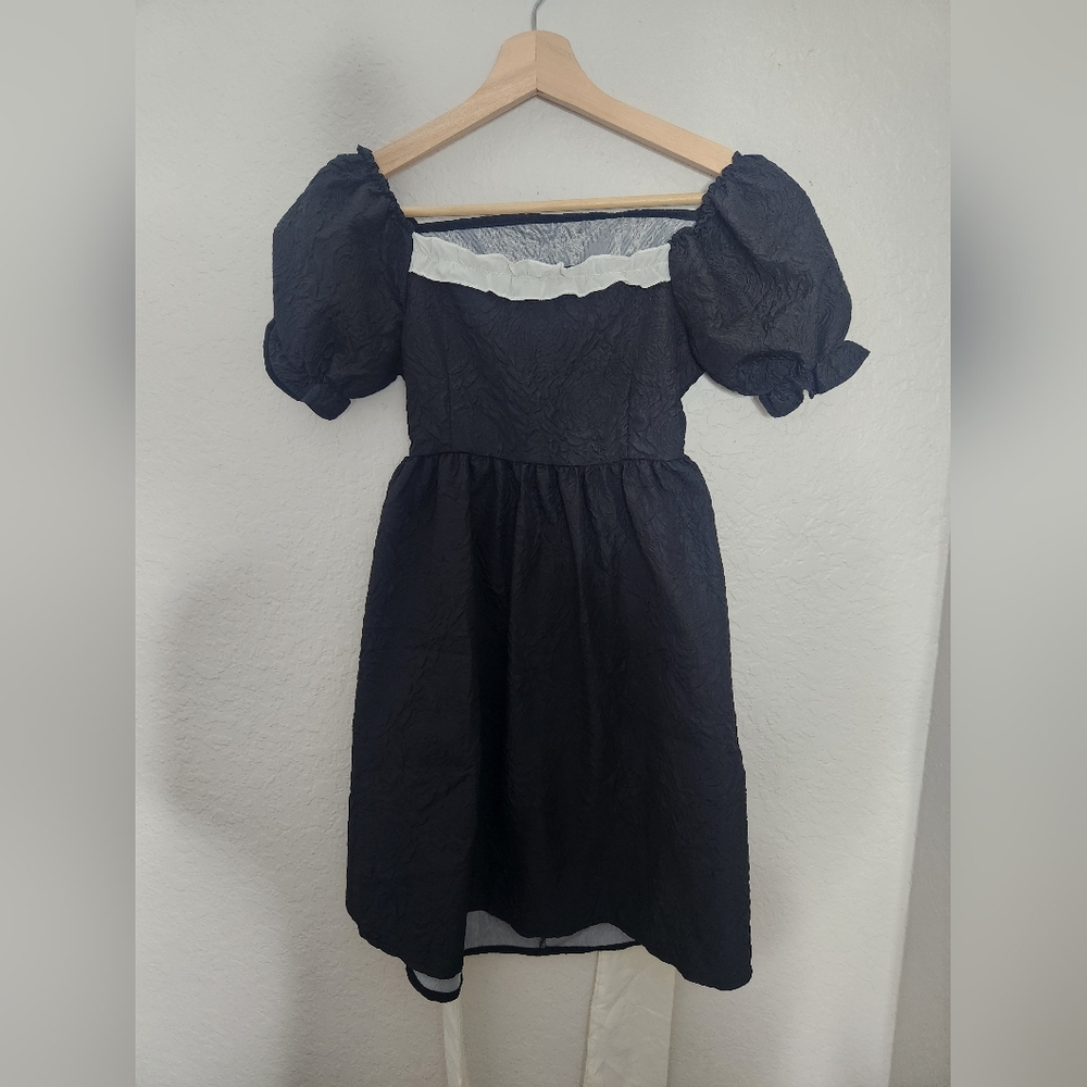 Japanese Chic Black Puff Sleeve Dress Bow A-Line Dress Party Short Sleeve